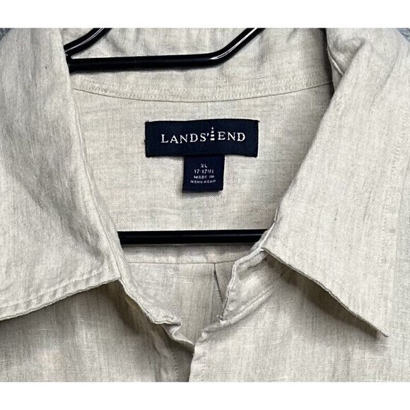 Lands End Shirt‎ Men XL 17/17.5 Beige  Linen Long Sleeve Button Up Casual - Picture 2 of 5